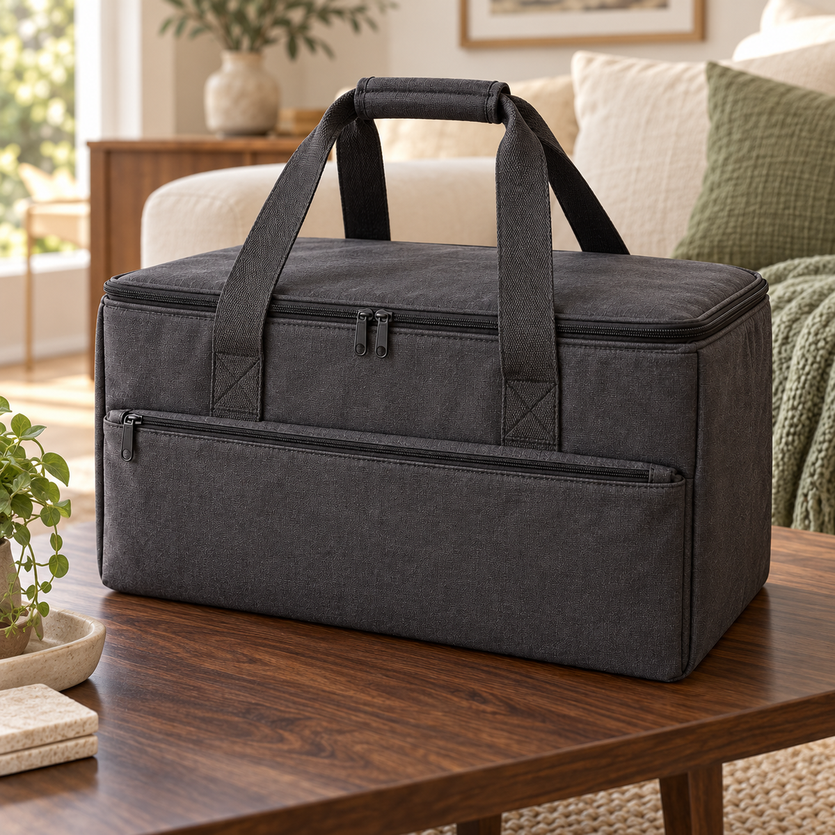Charcoal Board Game Carrying Bag with Padded Interior Divider & Front Zipper Pocket