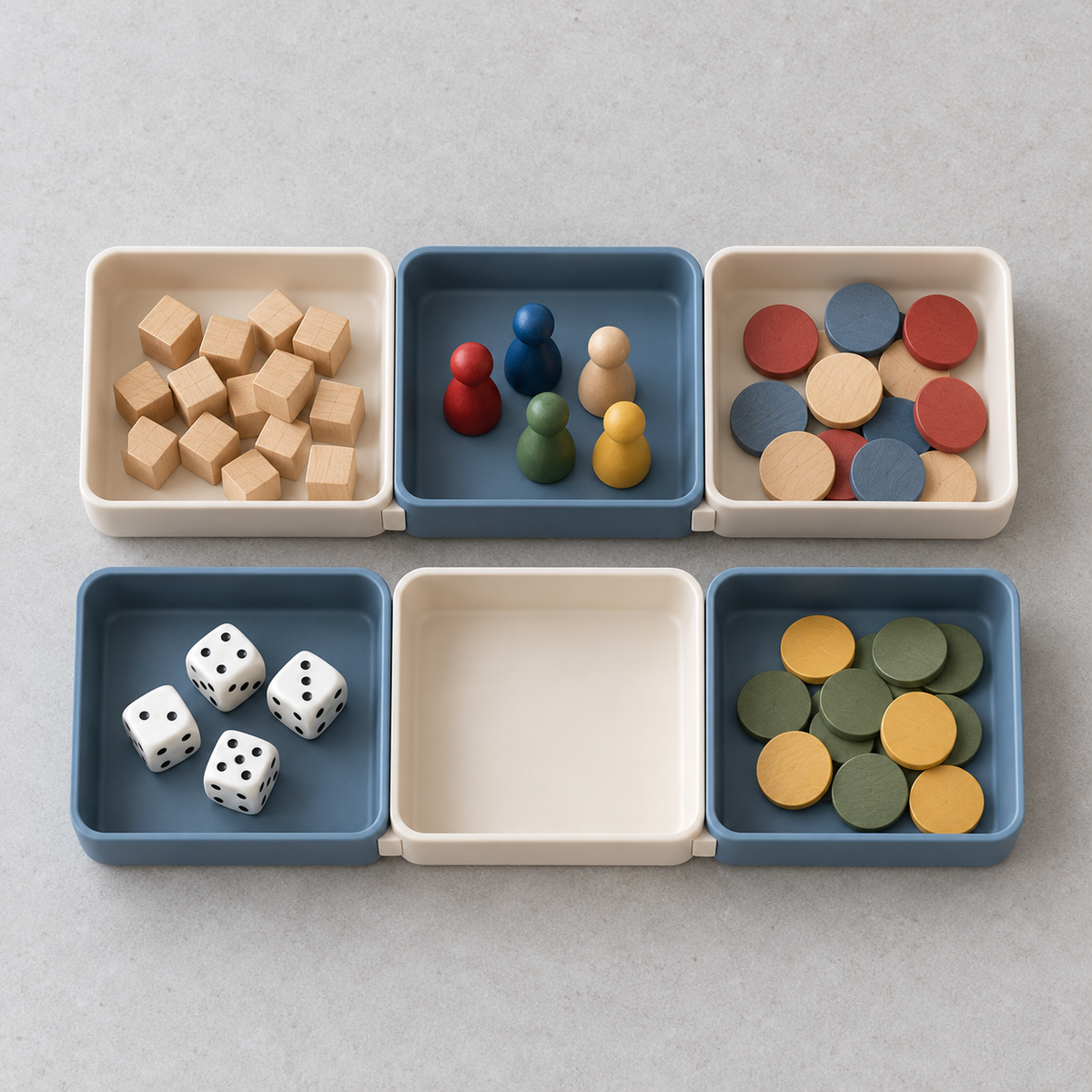 Modular Board Game Component Trays – 6-Piece Connecting Organizer Set in Cream & Slate Blue