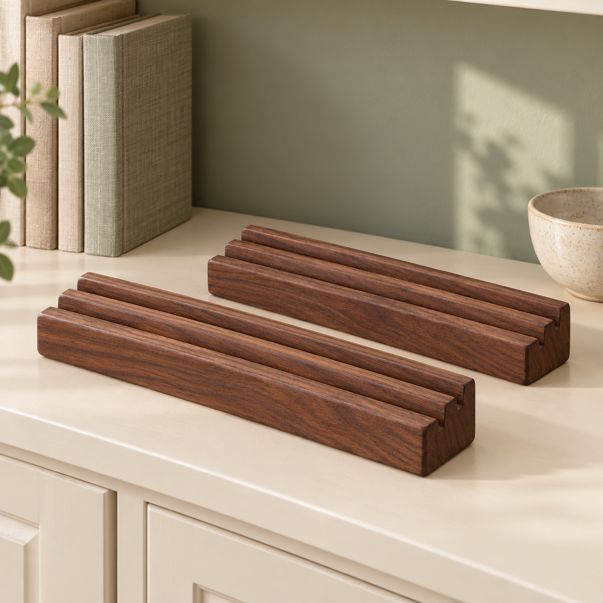 Walnut Wooden Playing Card Holders – 2-Piece Tabletop Display Rack Set with Angled Slots