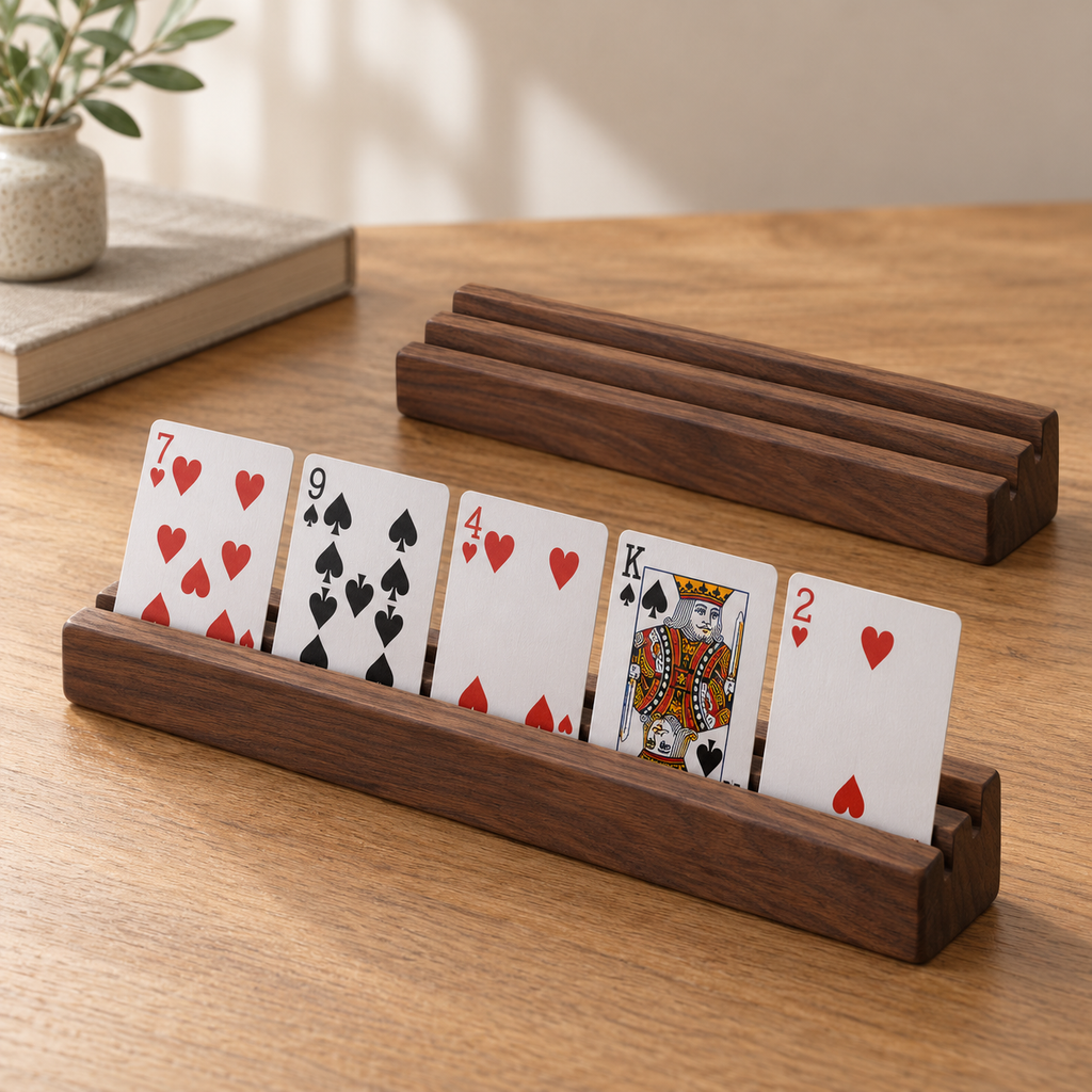 Walnut Wooden Playing Card Holders – 2-Piece Tabletop Display Rack Set with Angled Slots