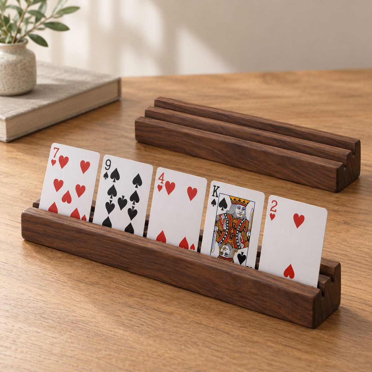 Walnut Wooden Playing Card Holders – 2-Piece Tabletop Display Rack Set with Angled Slots