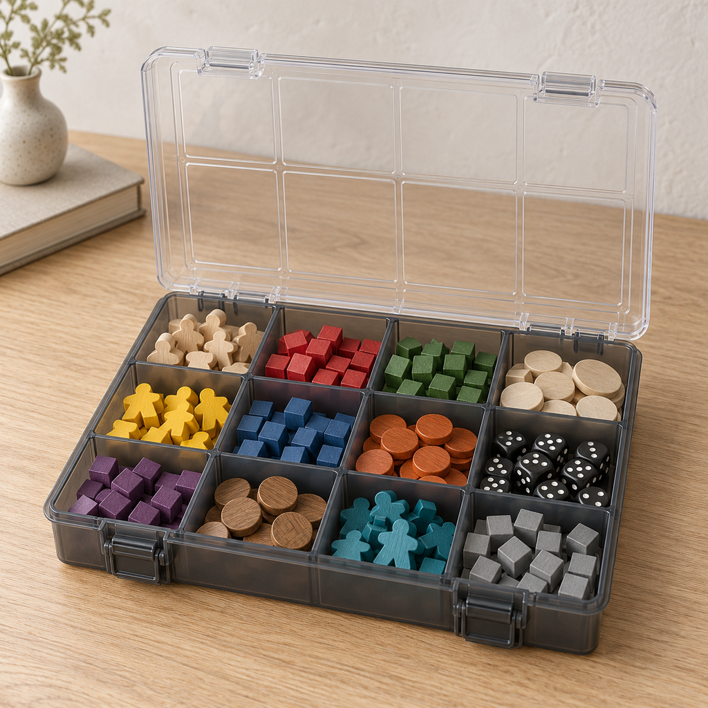 12-Compartment Board Game Storage Box with Clear Hinged Lid & Dual Snap Latches