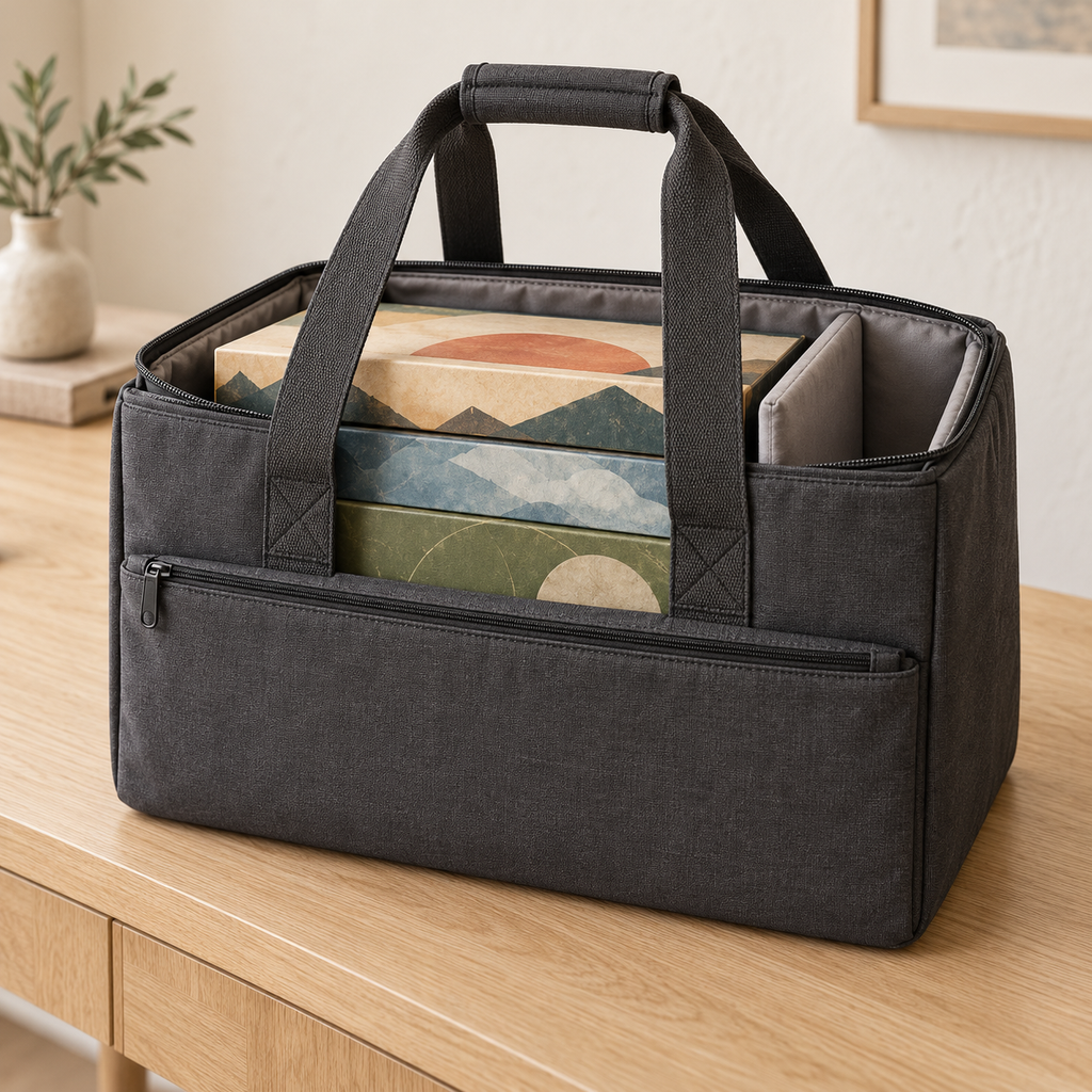 Charcoal Board Game Carrying Bag with Padded Interior Divider & Front Zipper Pocket