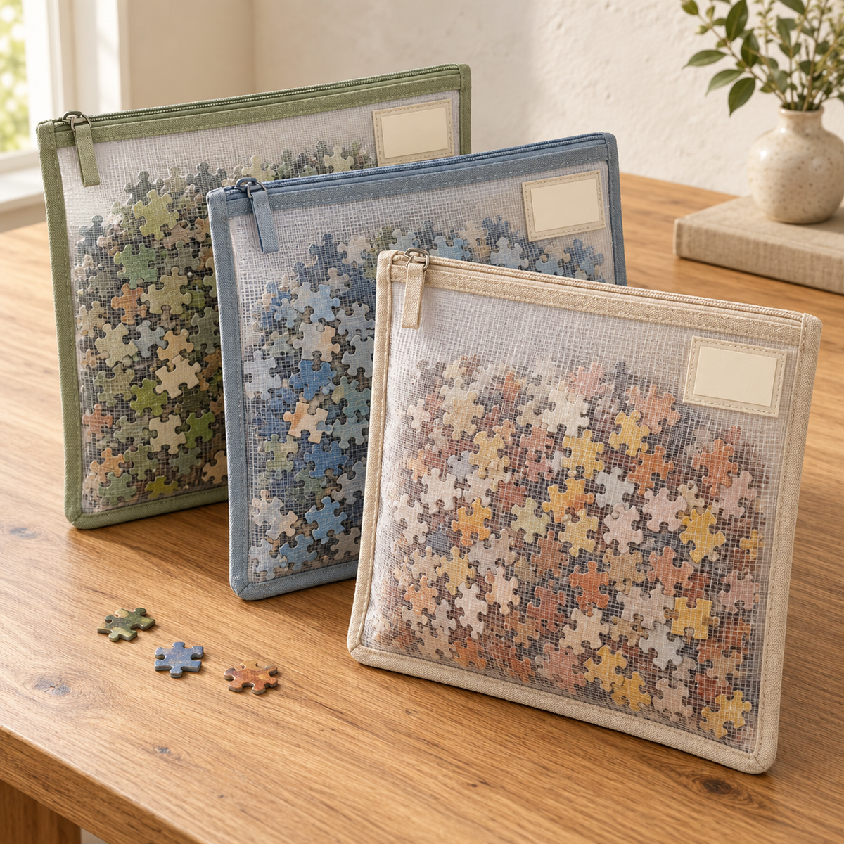 Mesh Zipper Puzzle Storage Bags – 3-Piece Organizer Set with Label Pockets in Sage, Blue & Oatmeal